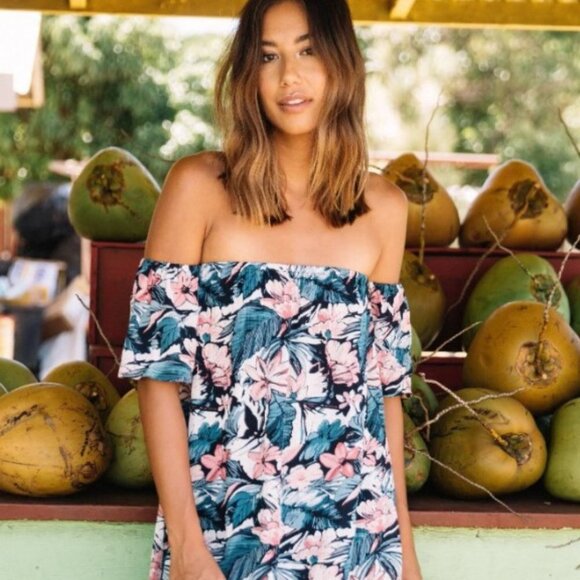 Spiritual Gangster Blue Floral Waikiki Off the Shoulder micro mini dress size S - Picture 6 of 13